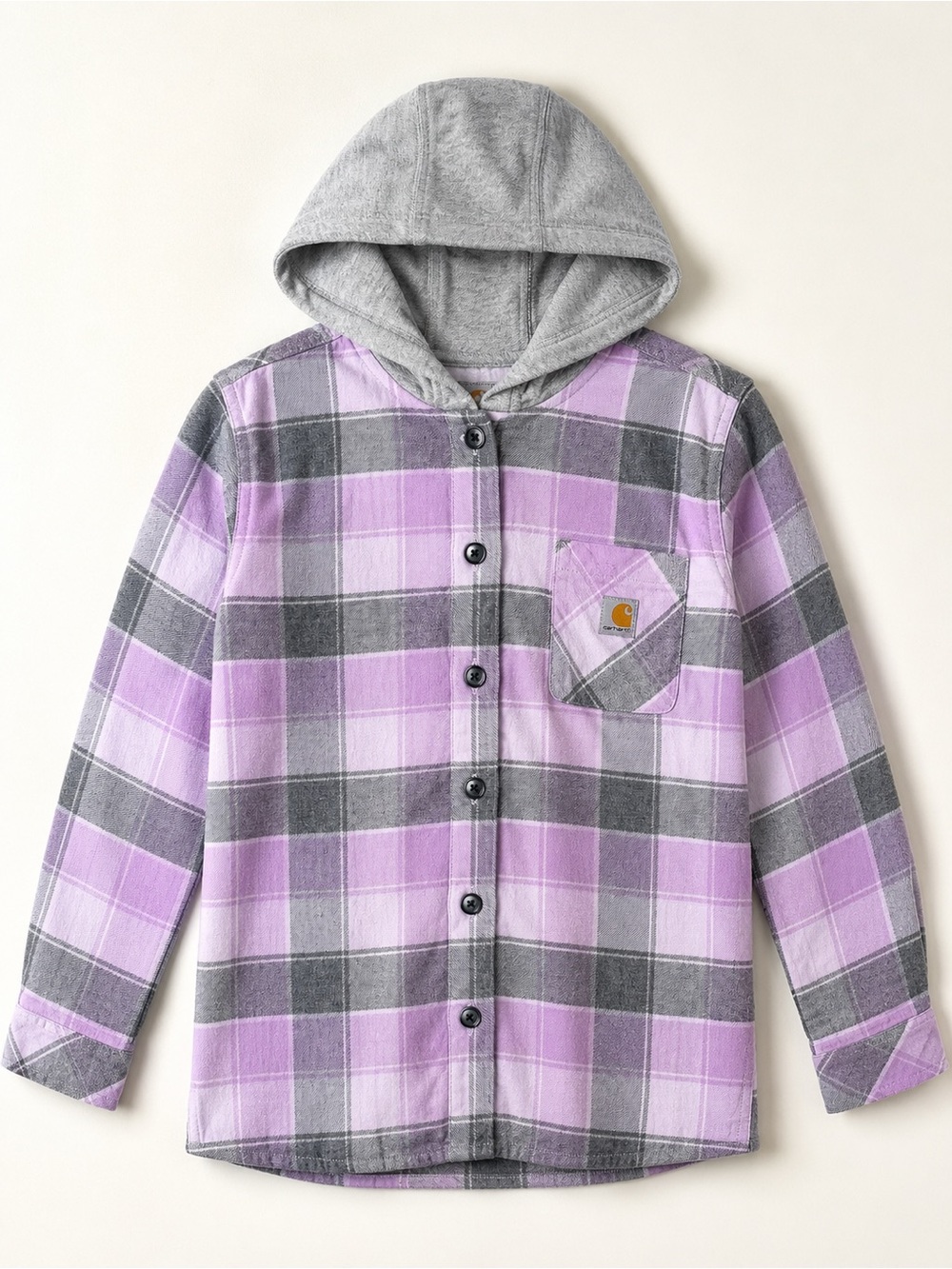 Carhartt Girls Hooded Plaid Flannel Shirt Jacket | Purple Gray | Size 6X